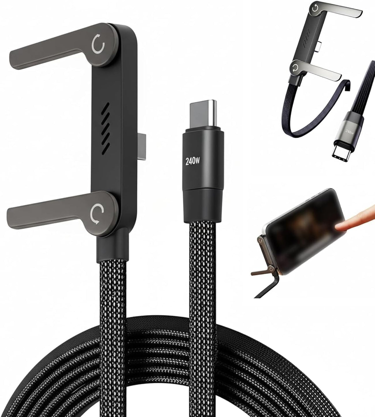 2-In-1 Data Charging Cable With Stand | Nylon Braided USB C To USB C Cable 1.5M | 240W Fast Charging Cable Cord For Smartphones, Tablets & Laptops