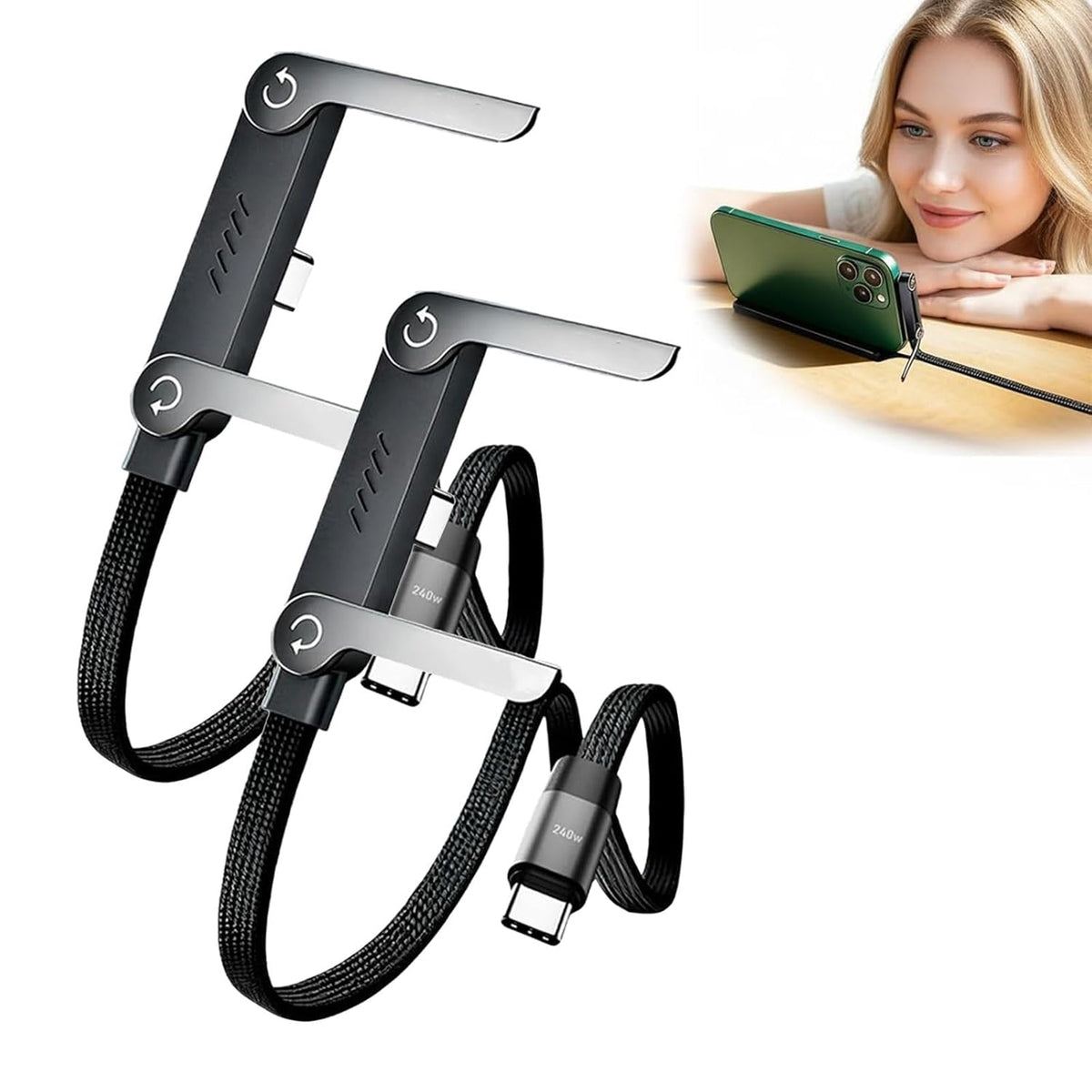 2-In-1 Data Charging Cable With Stand | Nylon Braided USB C To USB C Cable 1.5M | 240W Fast Charging Cable Cord For Smartphones, Tablets & Laptops